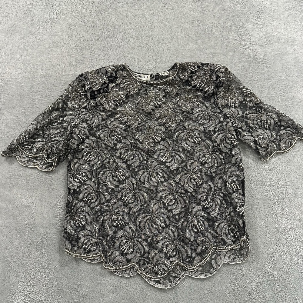 Vintage Scala Milan Paris Blouse Shirt Top Women L Gray Lace Glitter Elegant
